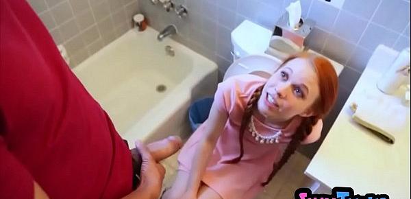  Tiny redhead stuck on the toilet then gets fucked hard